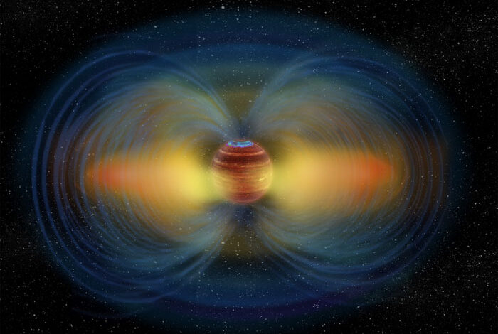 Artist's impression of the auroras and radiation belts around the ultracool dwarf LSR J1835+3259
