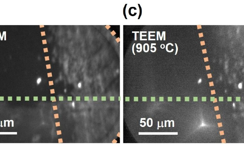 Photoemission electron microscopy (PEEM) and thermal electron emission microscopy (TEEM) images of the surface of LaB6 coated with graphene (Gr) and hBN